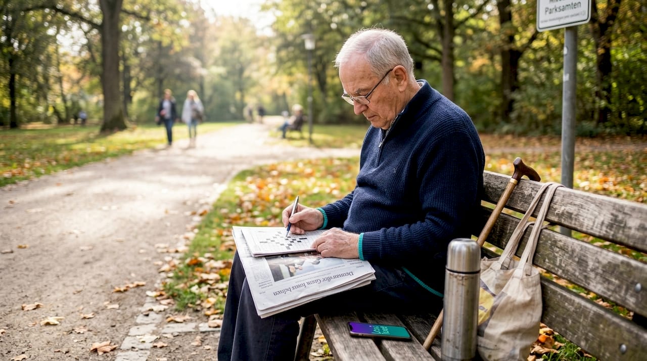 Ein älterer Herr sitzt entspannt auf einer Parkbank und vertieft sich in sein Kreuzworträtsel.