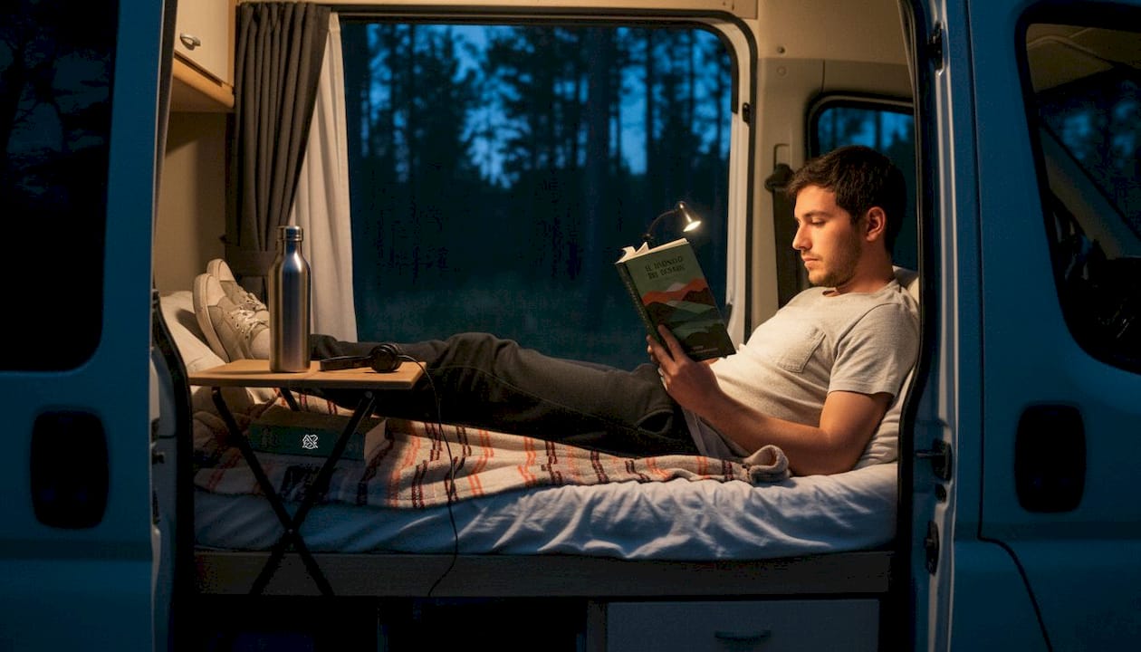 Ambiente acogedor dentro de la furgoneta camper mientras cae la noche y todo está en calma.