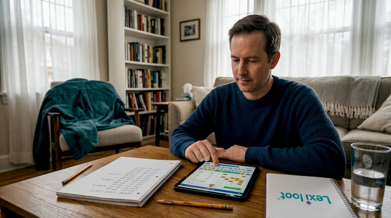 Man reviewing word game competition scores