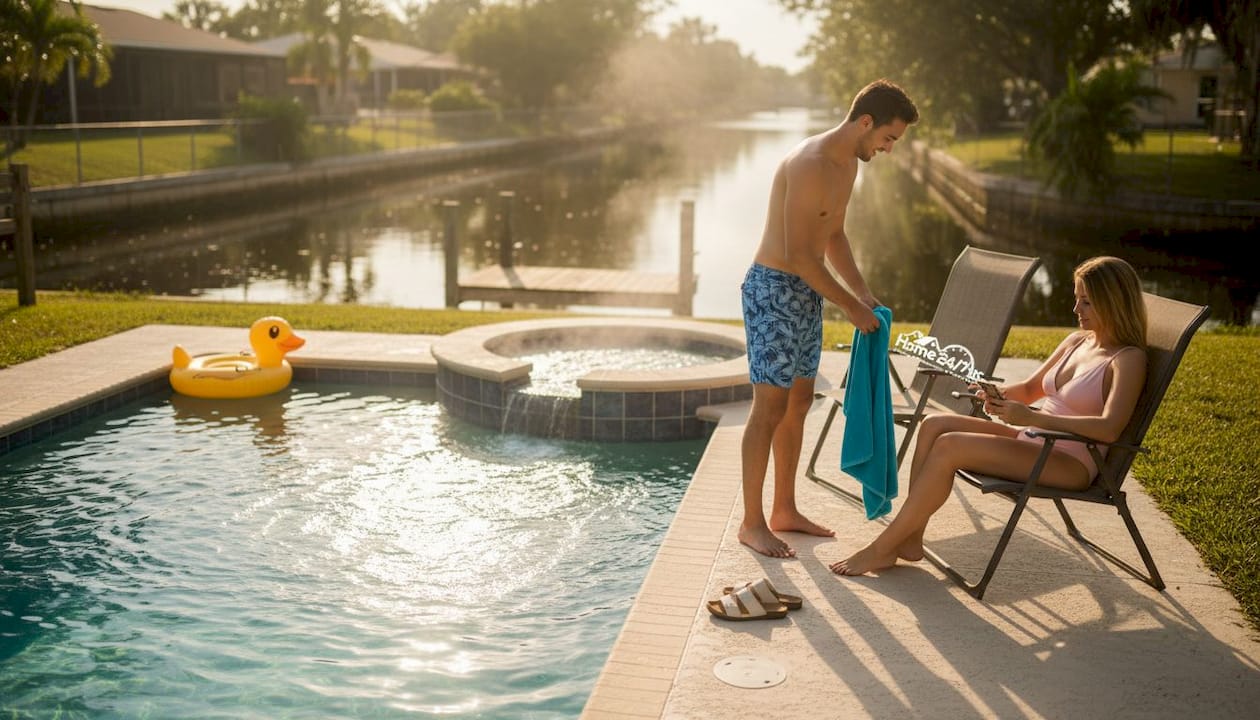 Boost bookings: Top amenities for Cape Coral vacation rentals 1 Friends enjoying poolside at waterfront Cape Coral rental