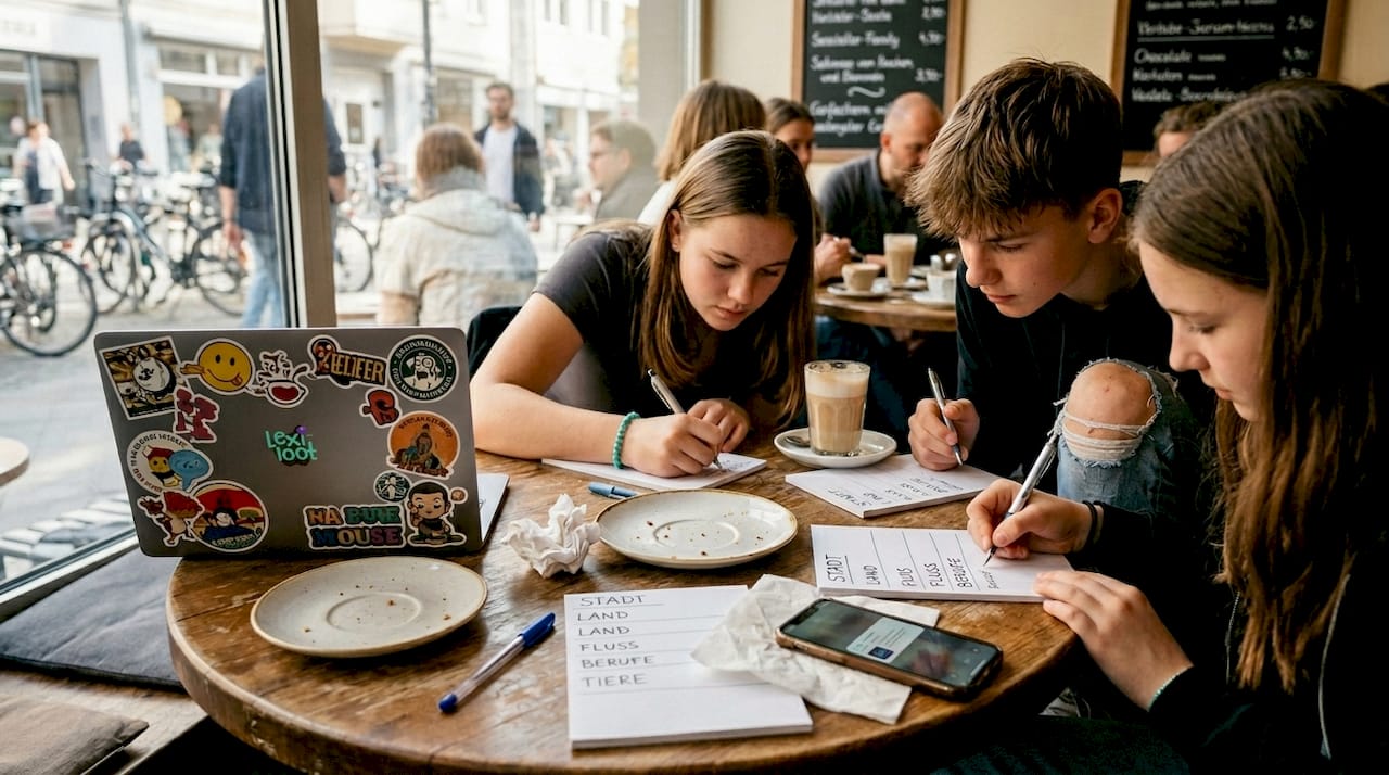 Eine Gruppe Jugendlicher sitzt im Café und liefert sich ein unterhaltsames Wortspiel.