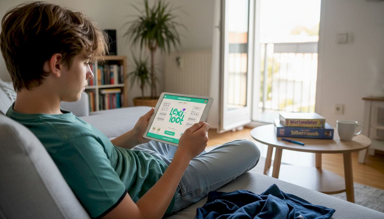 Ein Jugendlicher lernt spielerisch neue Vokabeln mit einer App – ganz entspannt von zuhause aus.
