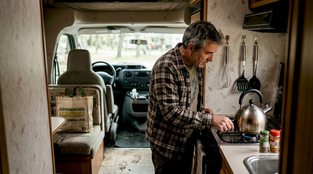 Cocina funcionando dentro de una autocaravana clase C
