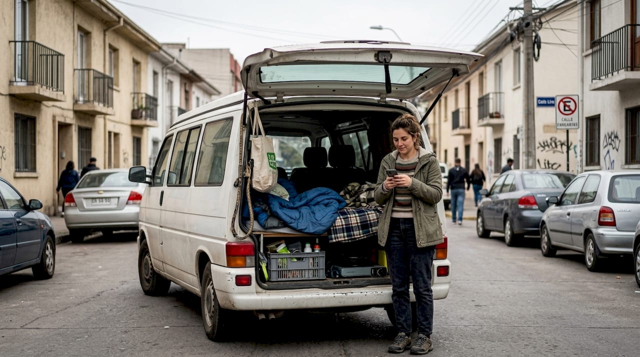 Una mujer junto a su furgoneta aparcada en una calle de Santiago