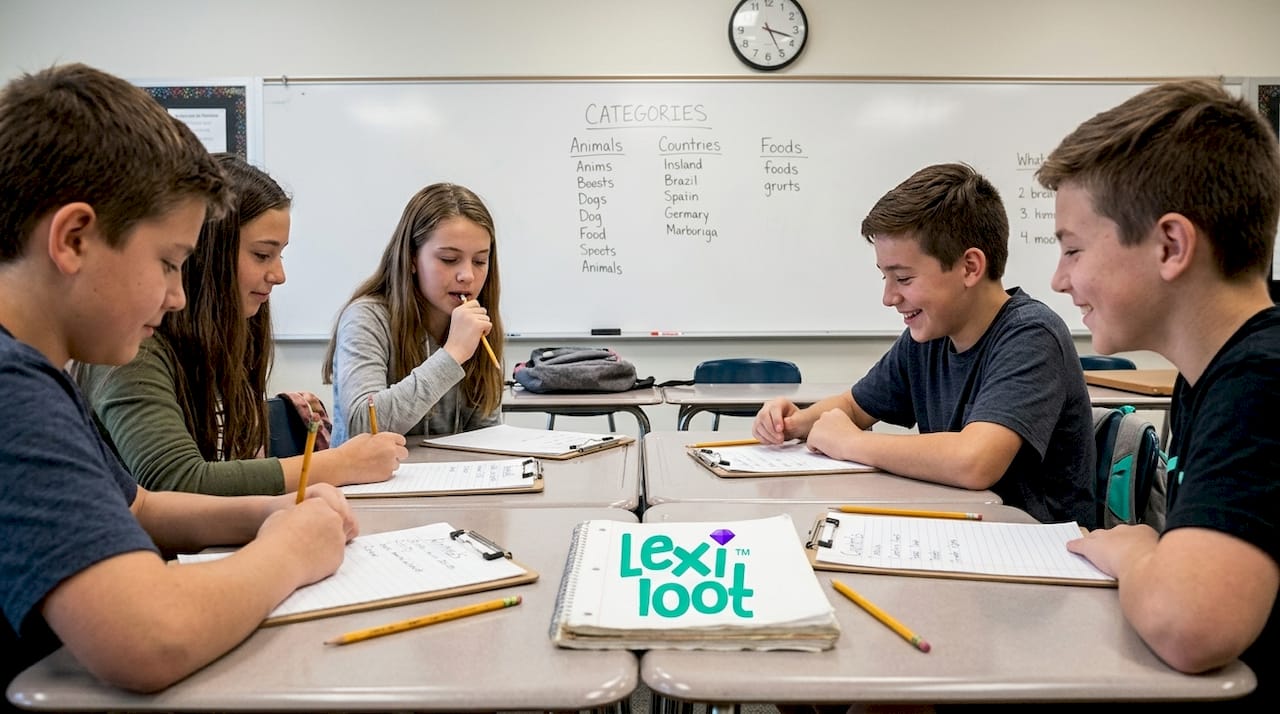 Students playing categories word game in classroom