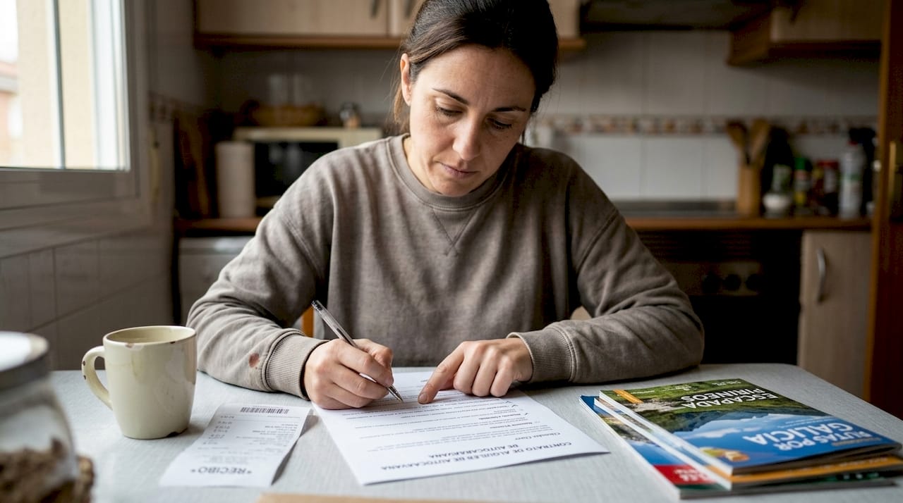Mujer revisando los términos del contrato de alquiler de una autocaravana