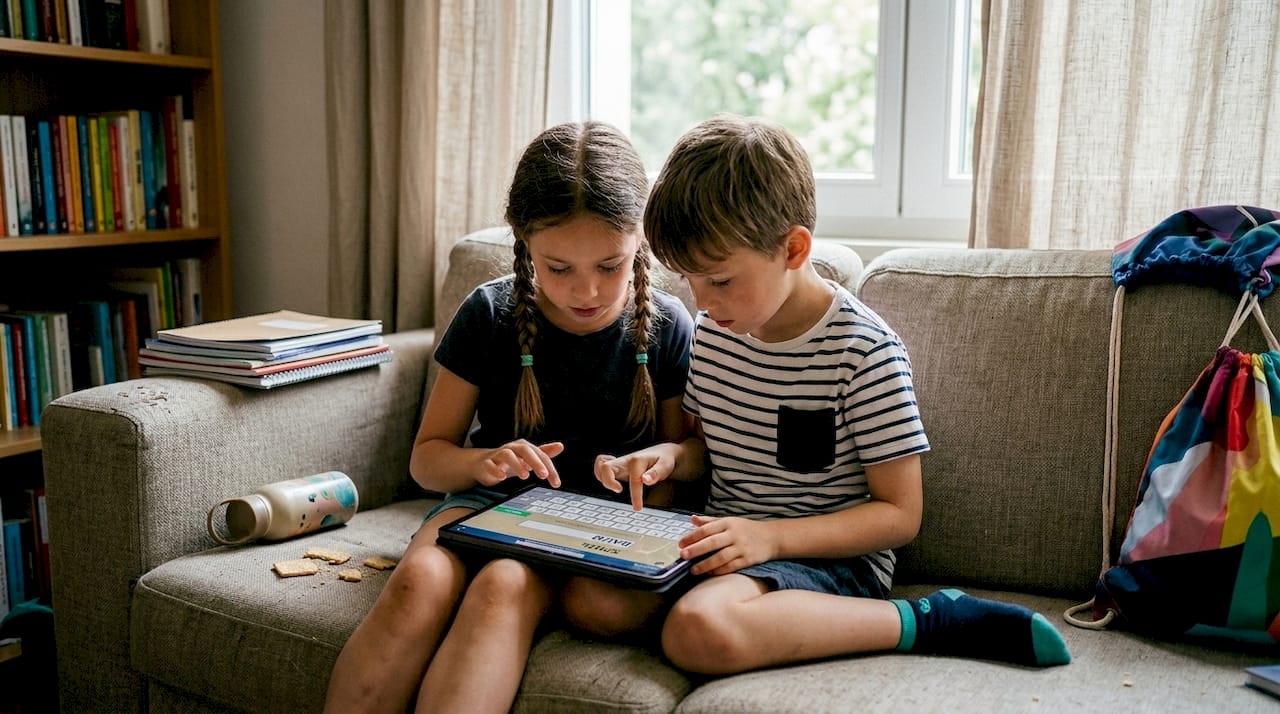 Beim Spielen am Tablet geben Kinder Wörter ein.