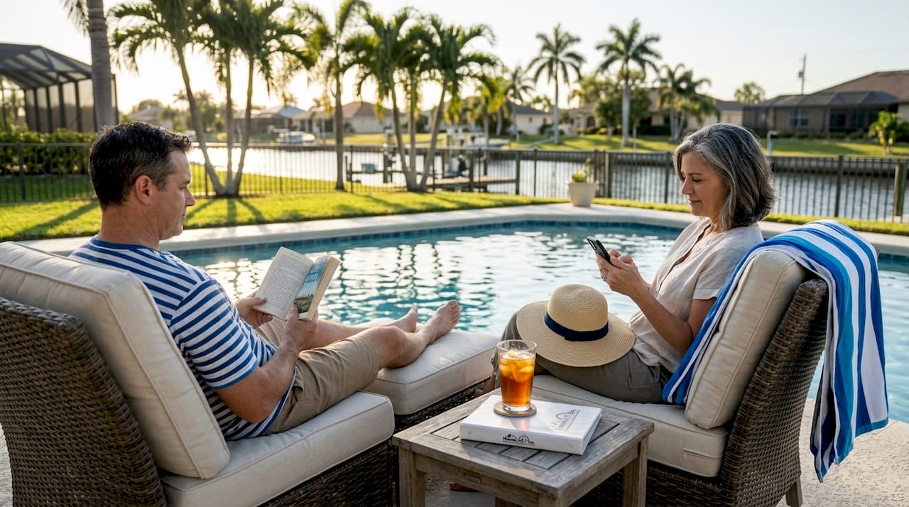 Rental marketing explained: maximize Cape Coral vacation income 1 Couple relaxing by Cape Coral pool home