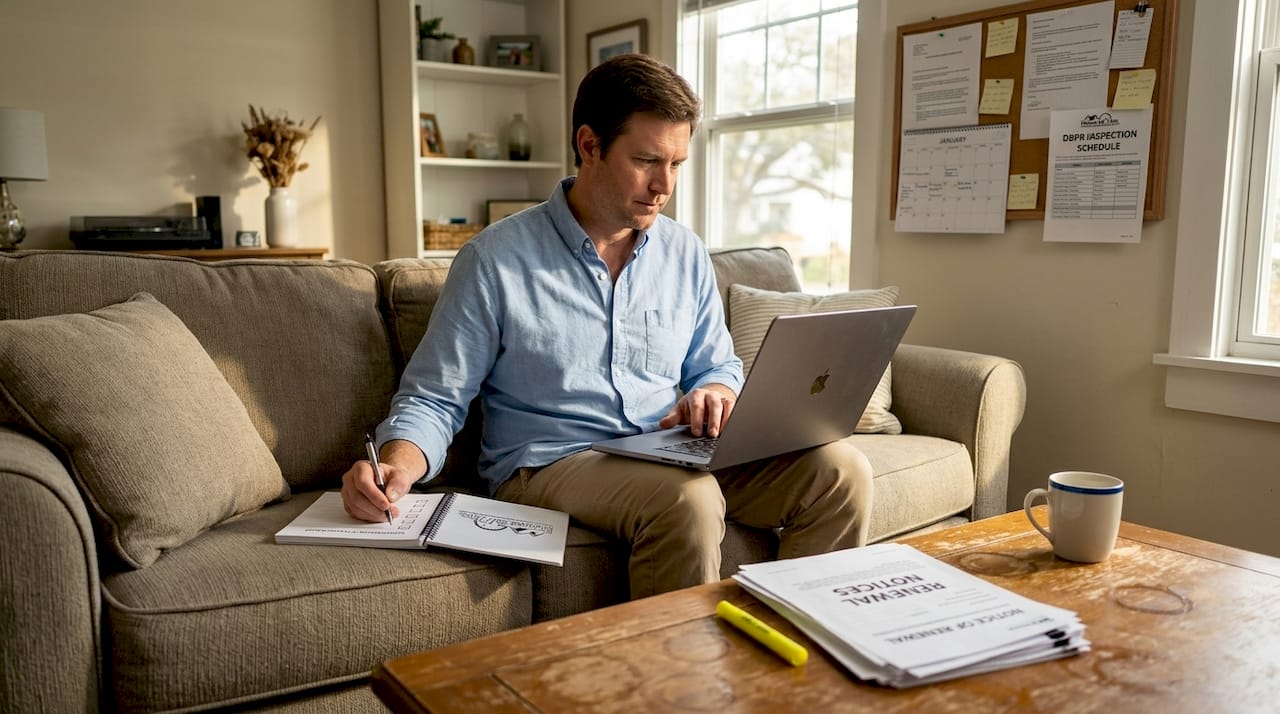 Man planning vacation rental compliance at home