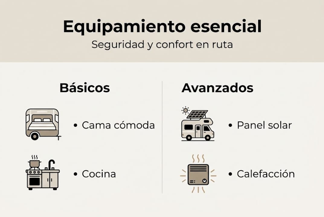 Guía visual sobre el equipamiento imprescindible y las opciones avanzadas para camperizar tu furgoneta