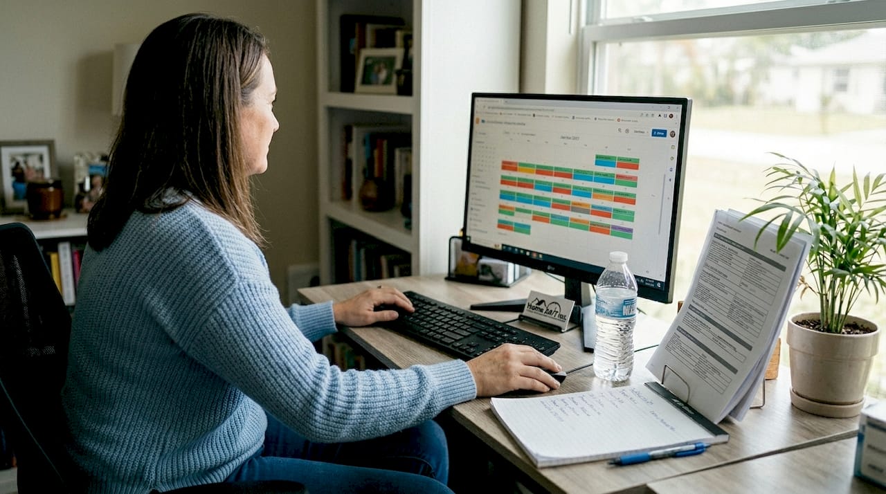 Home office scene updating rental booking calendar