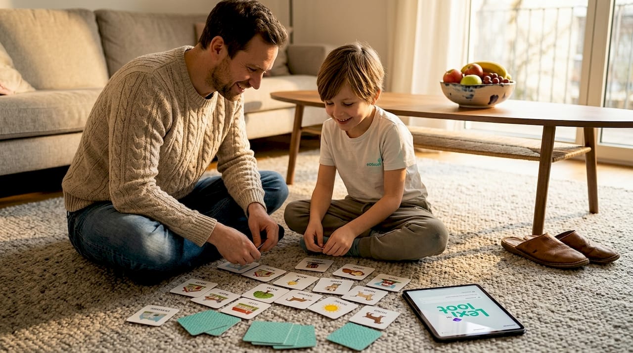 Im Wohnzimmer spielen Vater und Kind gemeinsam Memory und trainieren dabei ihre Merkfähigkeit.