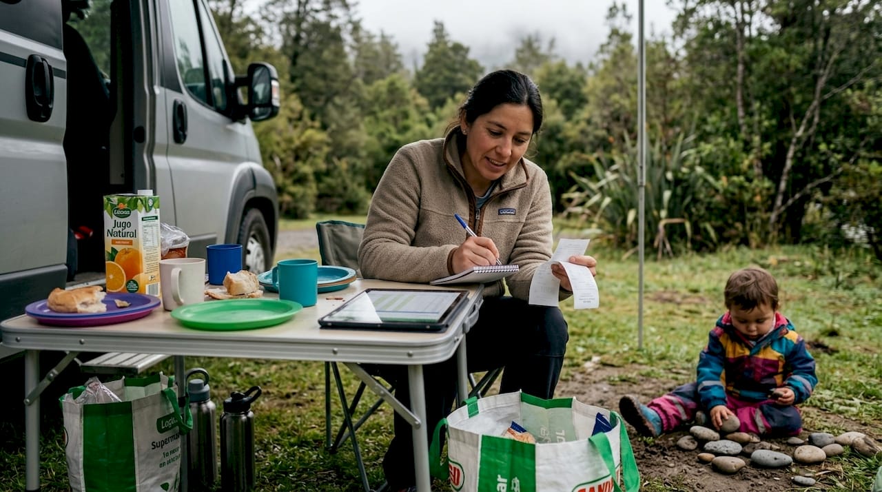 Una madre revisa las cuentas familiares sentada junto a la autocaravana.