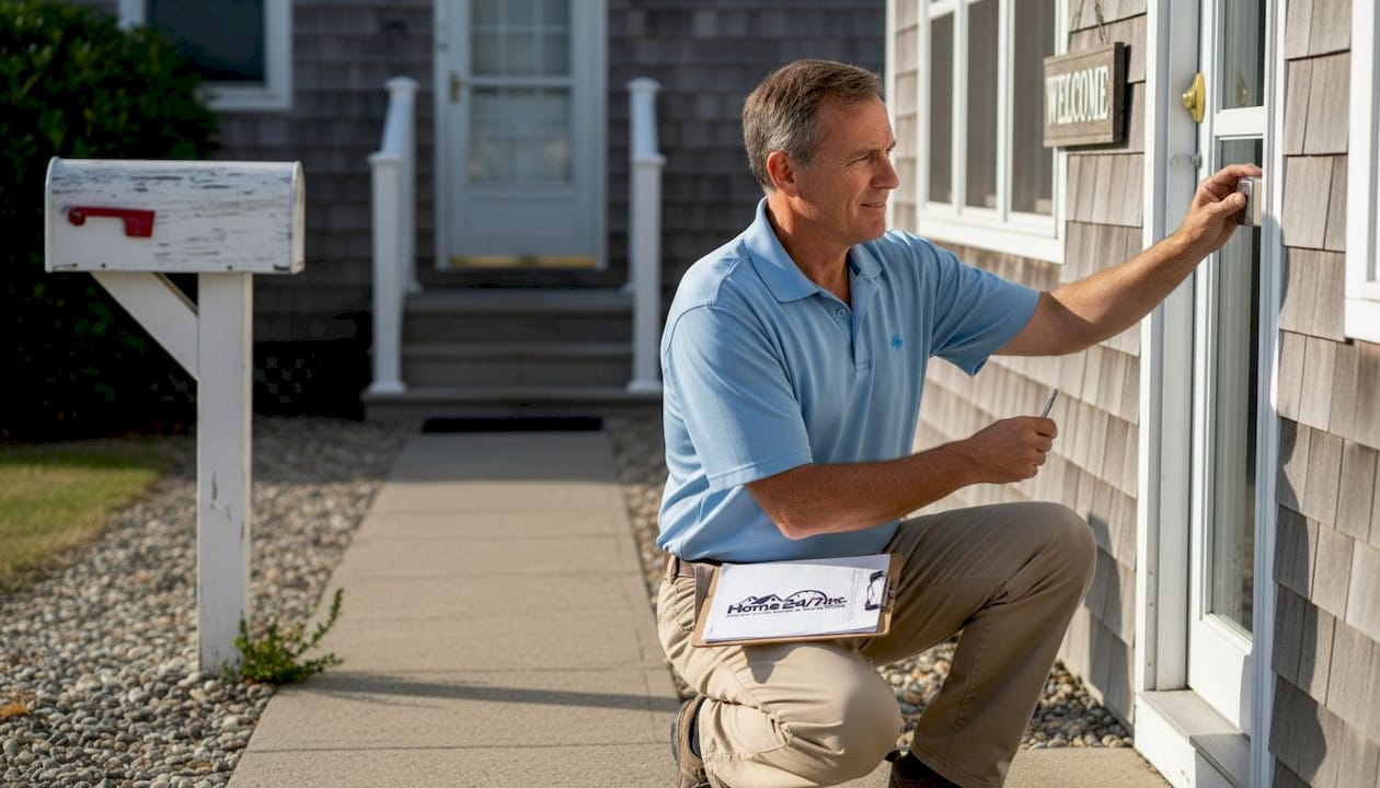 Remote rental management: stress-free property success 1 Property manager checks lockbox outside rental home