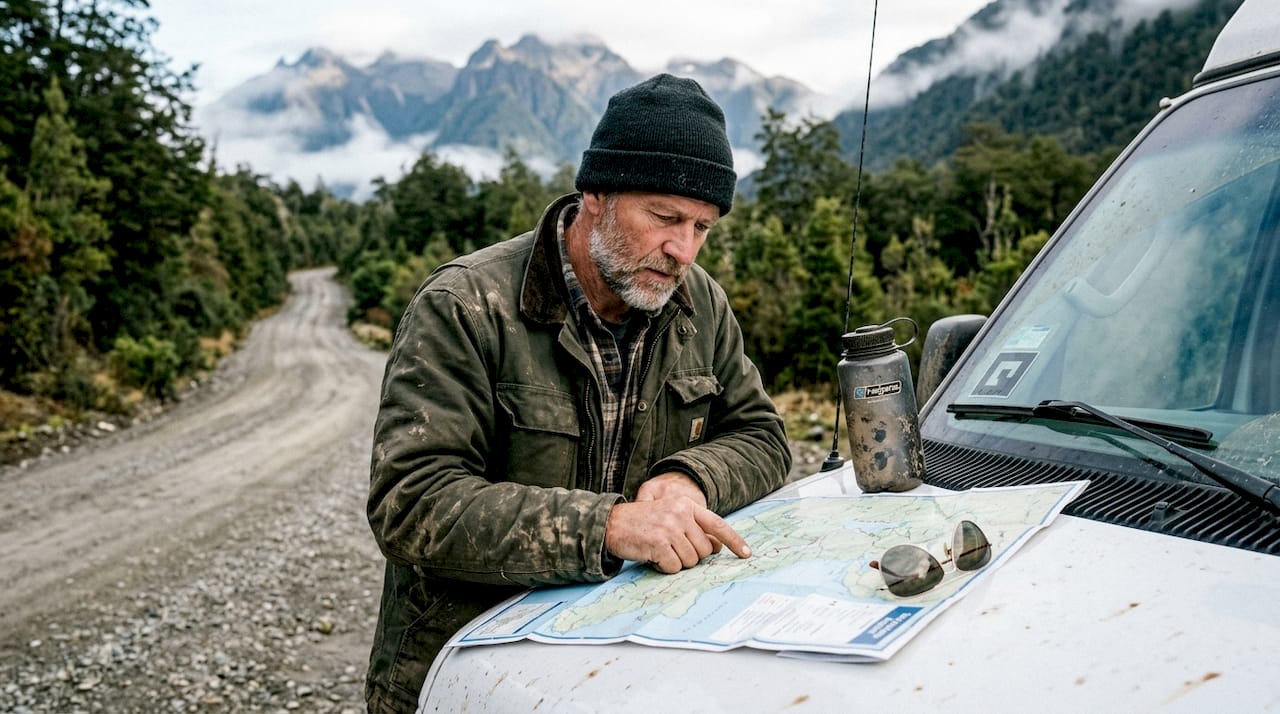 Hombre organizando su recorrido por la Carretera Austral
