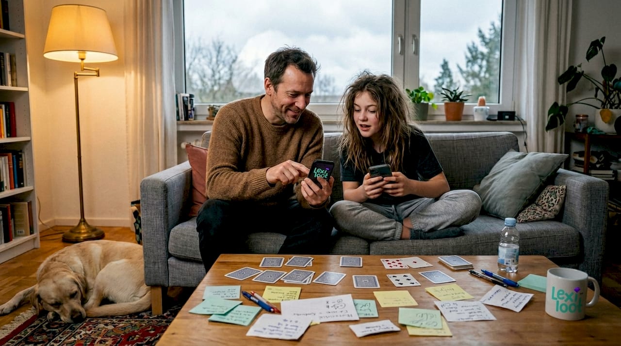 Gemeinsam probiert die Familie werbefreie Lernspiele aus