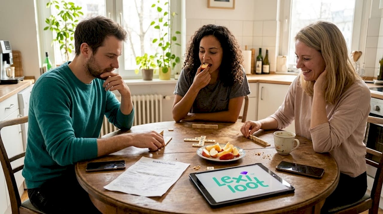 Eine Gruppe Erwachsener sitzt gemütlich zusammen und hat sichtlich Spaß beim gemeinsamen Spielen eines Wortspiels.