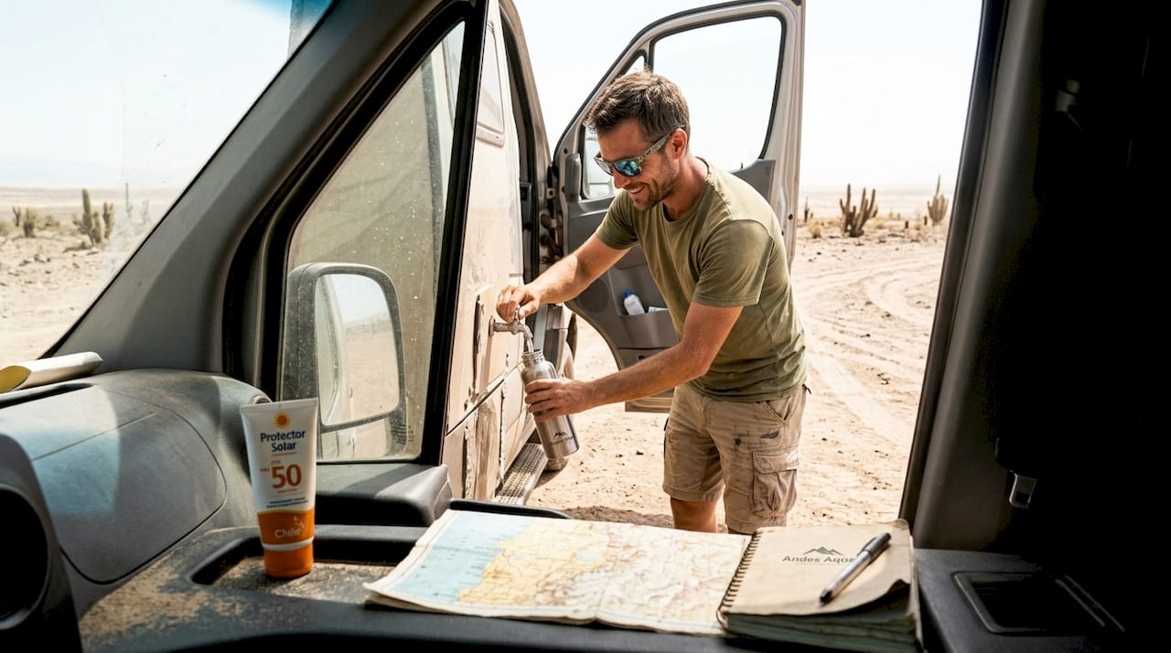 Aventurero recorriendo el desierto de Atacama en su casa rodante