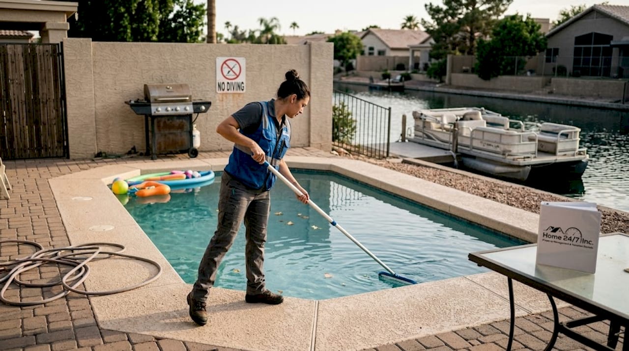 Boost Cape Coral rental income: key 2026 property management trends 2 Worker cleaning private pool by waterfront