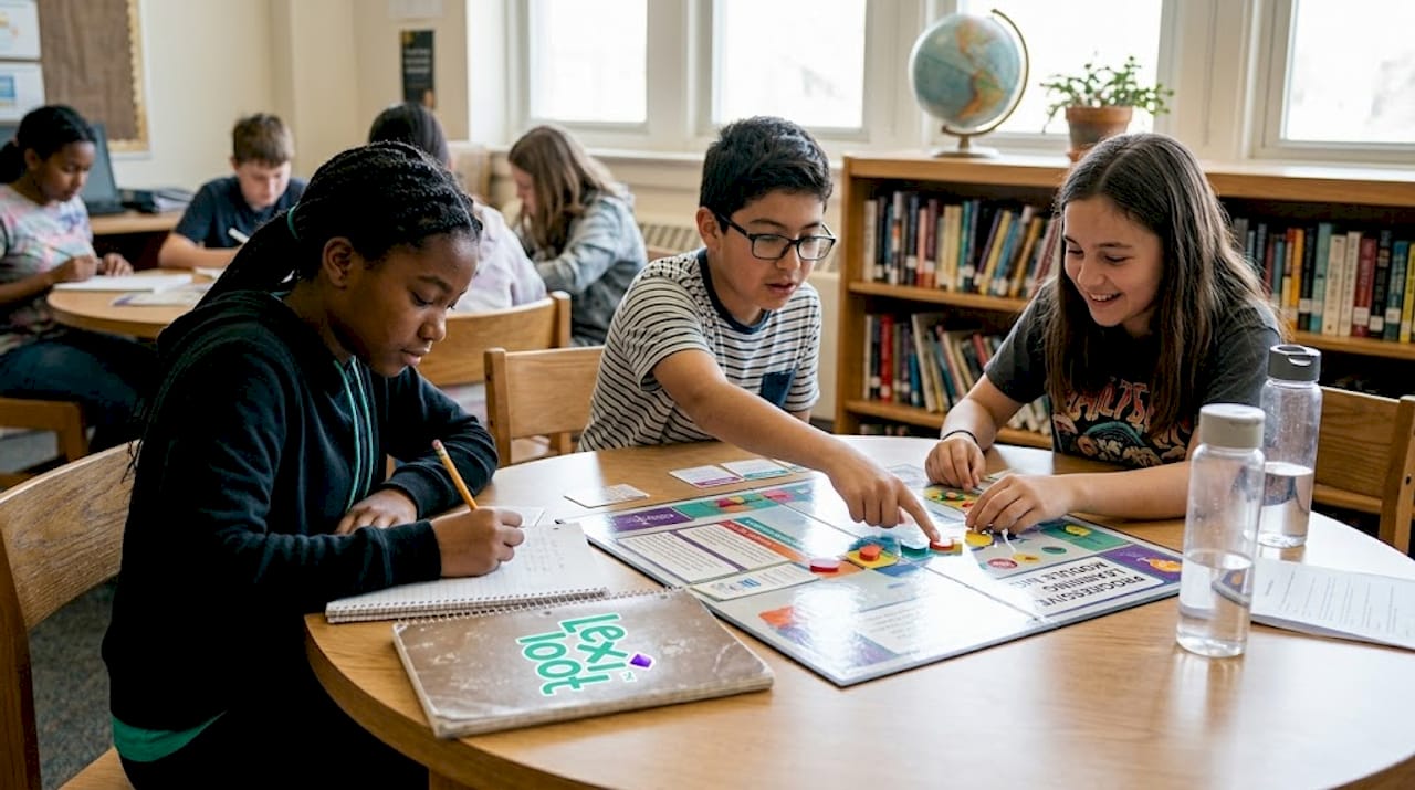 Students playing progressive learning board game