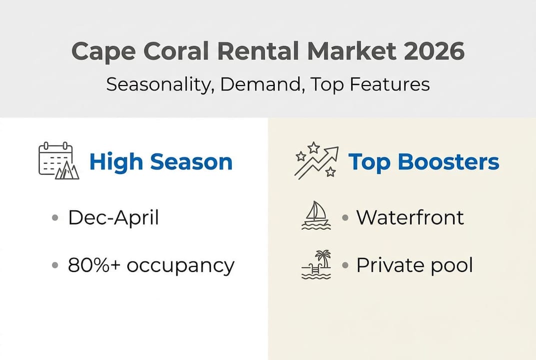 Boost Cape Coral rental income: key 2026 property management trends 1 Infographic on Cape Coral rental seasonality and amenities
