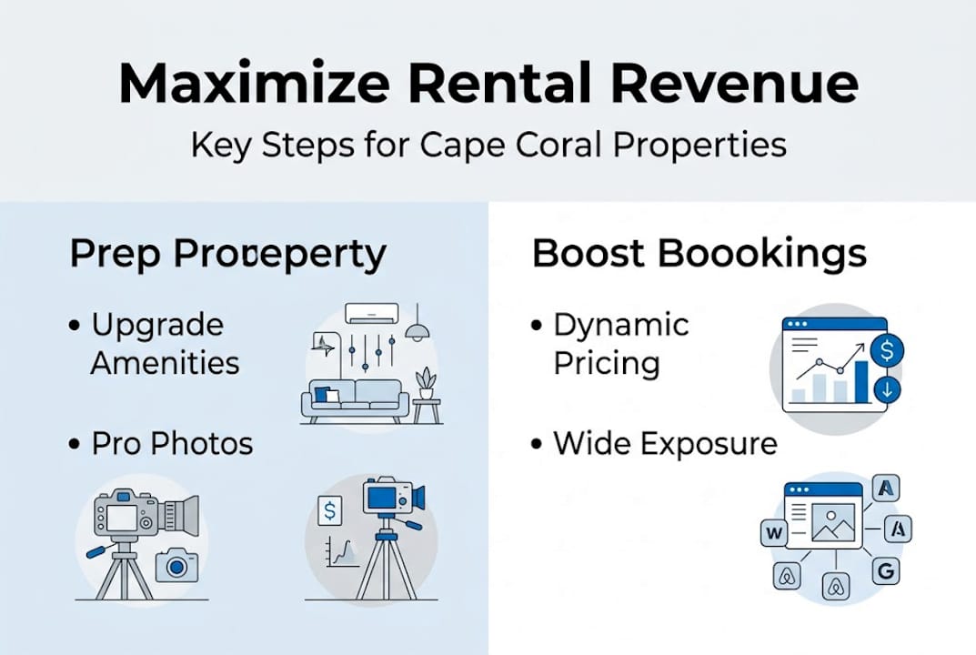 Maximize rental property revenue in Cape Coral: proven steps 1 Infographic outlining Cape Coral rental steps
