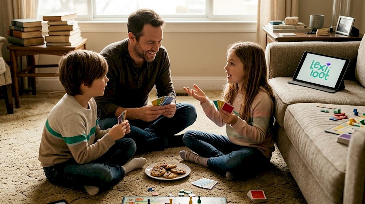 Eine Familie sitzt gemeinsam am Tisch und spielt eine Runde Stadt, Land, Fluss mit Karten.