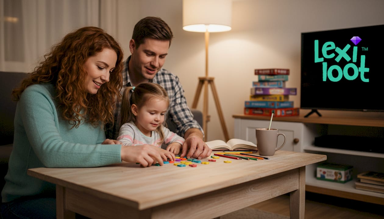Family solving word puzzles together in living room