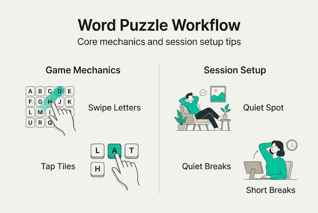 Infographic of word puzzle mechanics and session setup