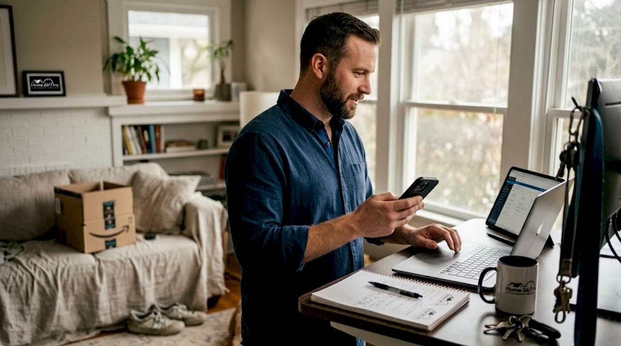 Manager using laptop for remote property tools