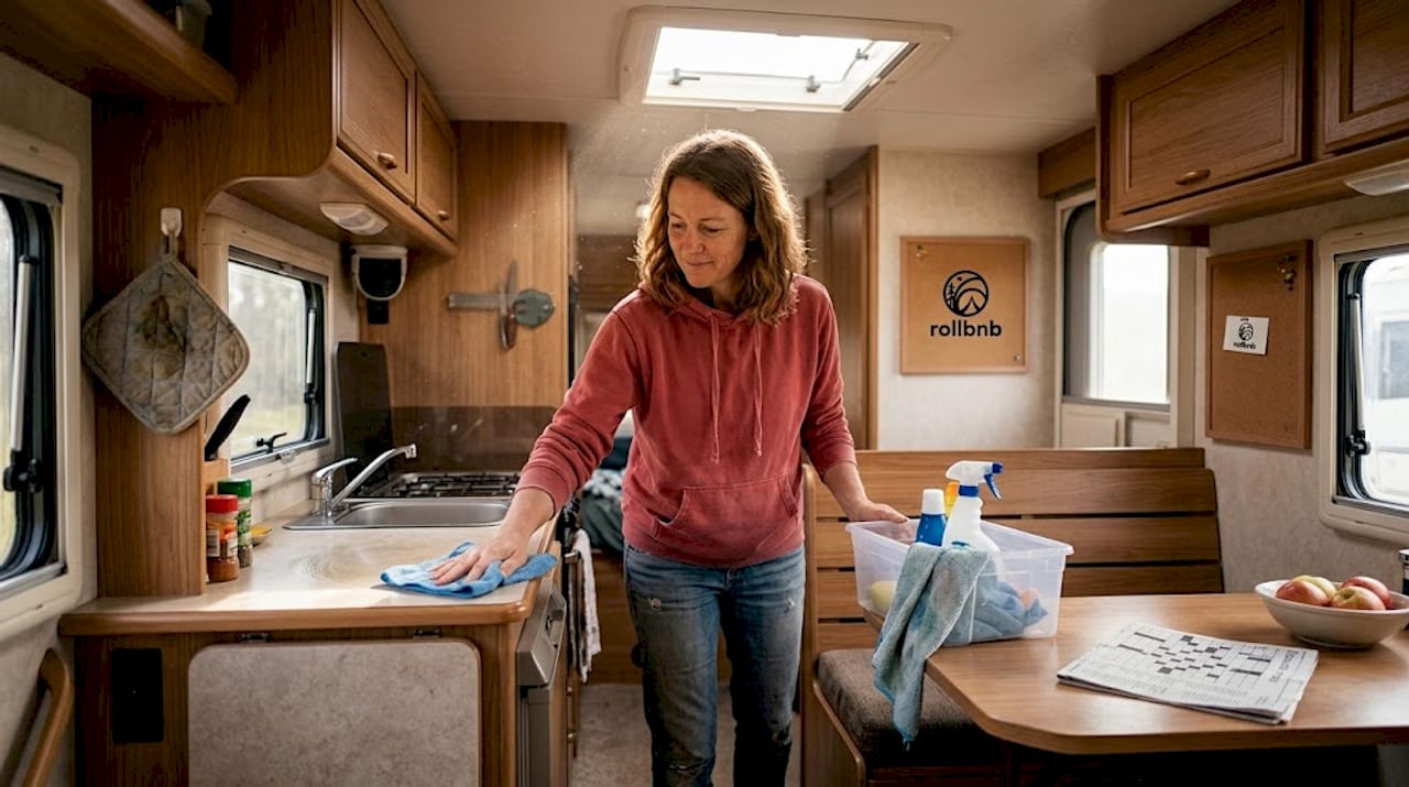 Mujer limpiando la cocina interior de una caravana