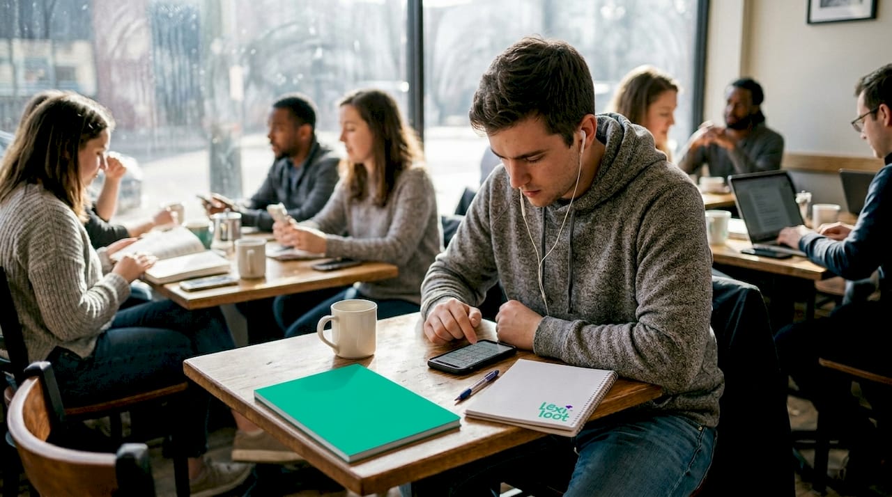 Man solving logic game in coffee shop