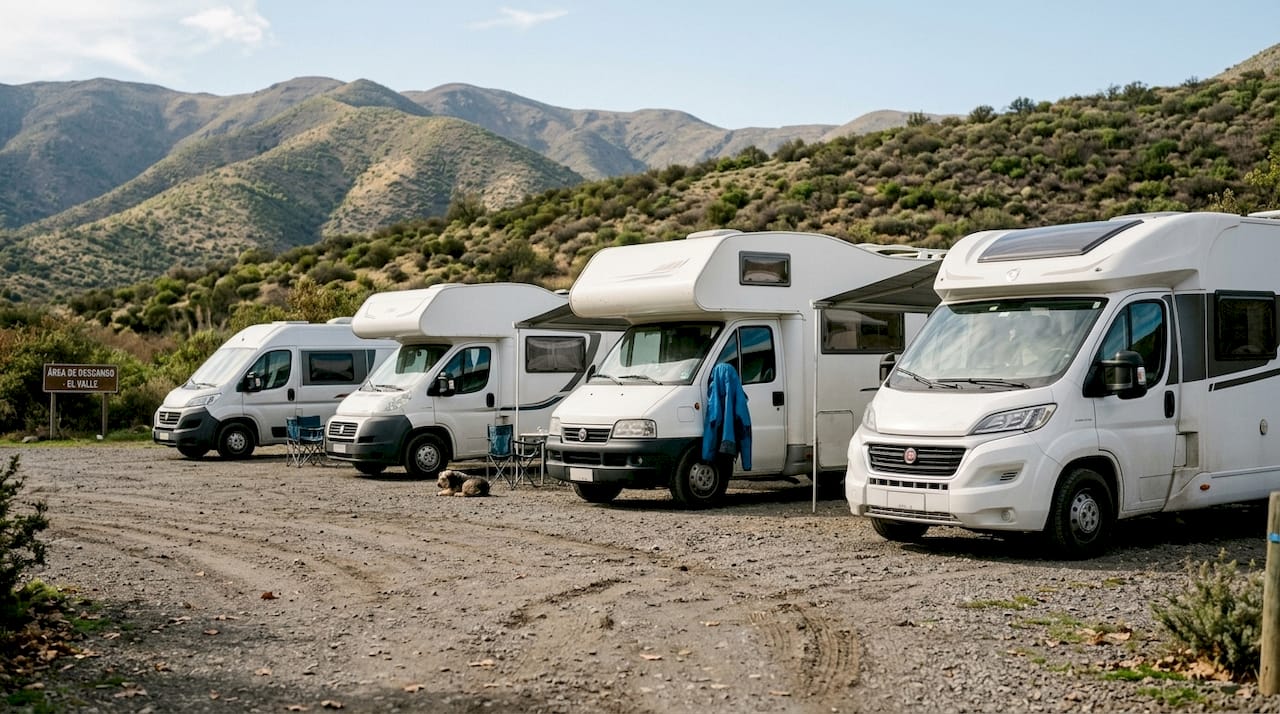 Cuatro modelos diferentes de autocaravanas estacionadas al aire libre