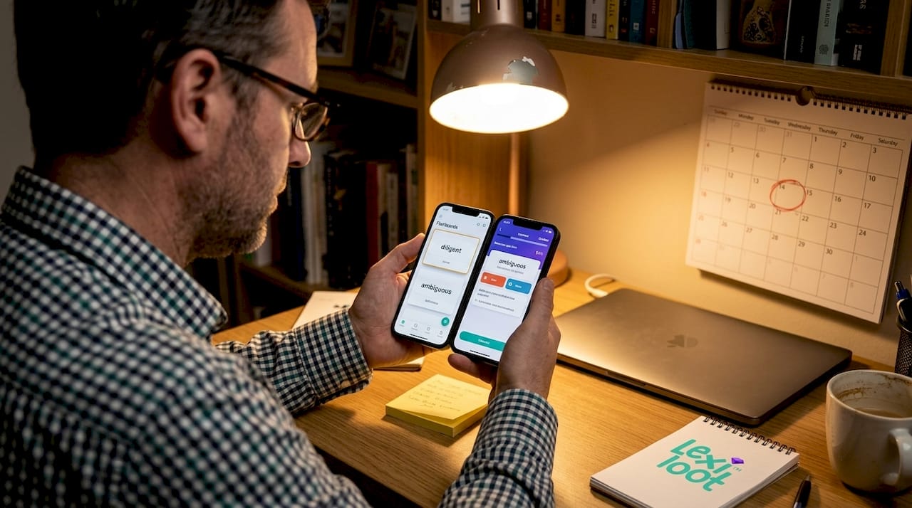 Man comparing vocabulary app features at desk