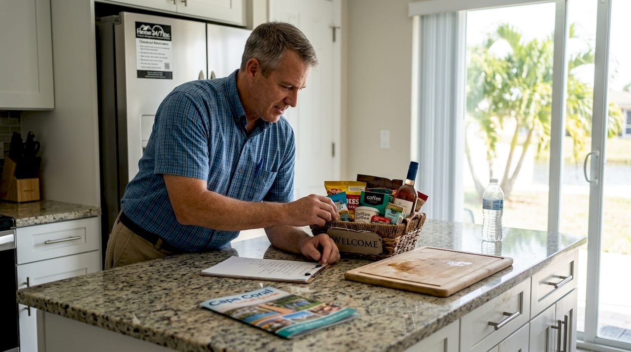 Hospitality drives 65%+ occupancy in Cape Coral rentals 2 Host preparing welcome basket for guests