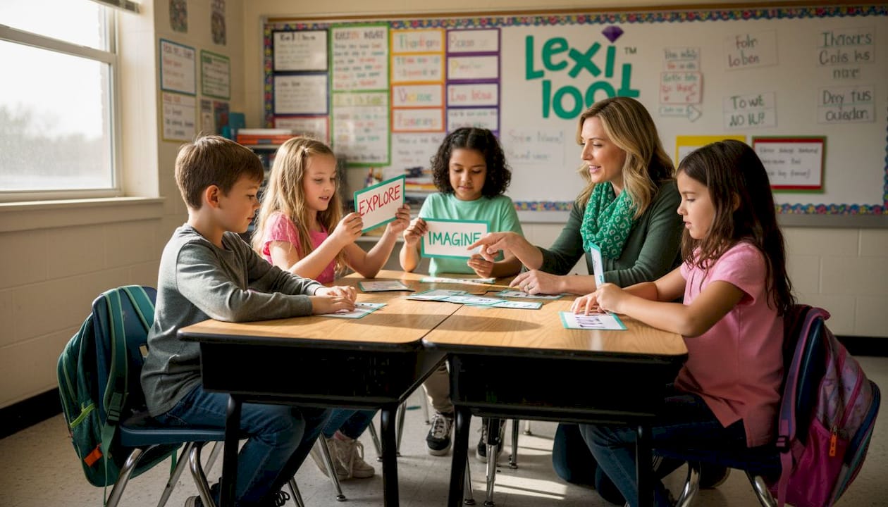 Students and teacher play vocabulary card game