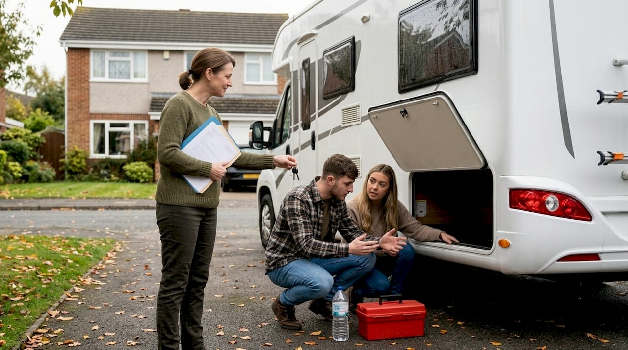 Entrega de llaves del autocaravana entre la anfitriona y los viajeros