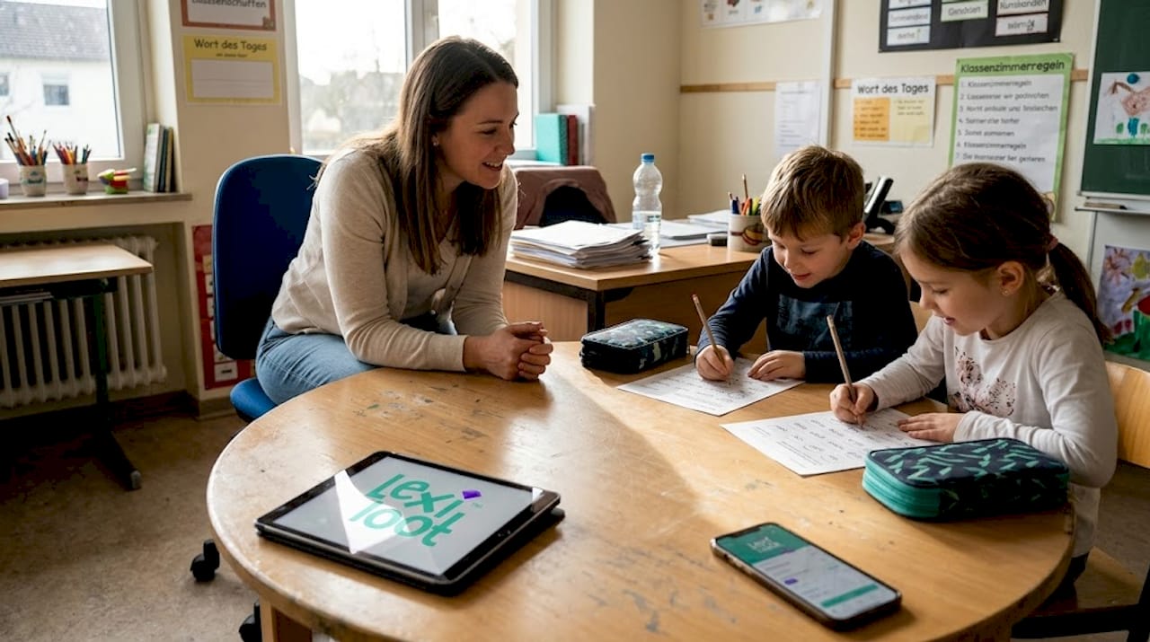 Eine Lehrkraft beobachtet, wie die Kinder an einer Denkaufgabe arbeiten.