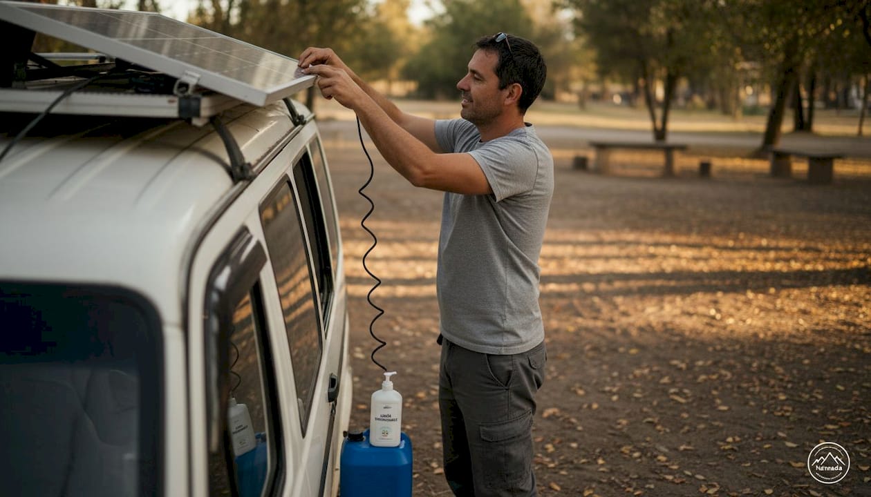Colocando y ajustando el panel solar en la furgoneta camper