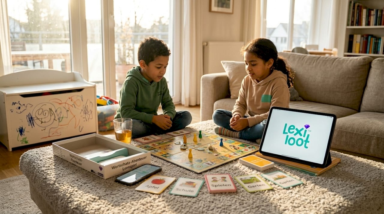 Kinder sitzen gemeinsam auf dem Teppich und spielen ein Vokabelspiel.