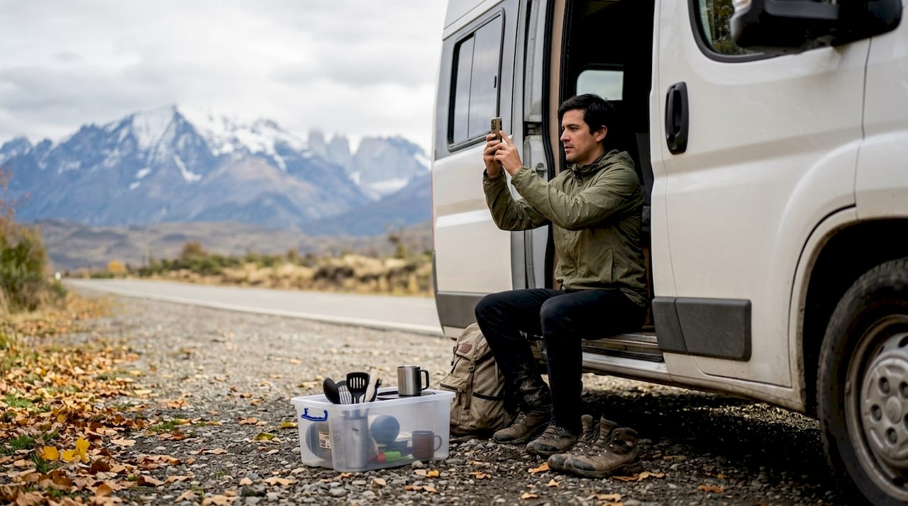 Chico viajando en una furgoneta captura con su cámara los impresionantes paisajes de la Patagonia.