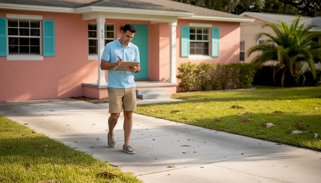 Vacation rental insurance: A complete guide for Florida owners 2 Manager inspecting Florida rental property exterior