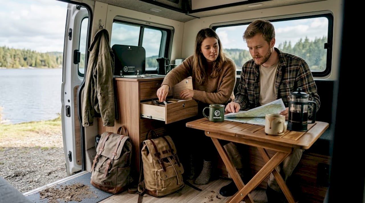 Una pareja acondiciona su furgoneta minimalista a orillas de un lago