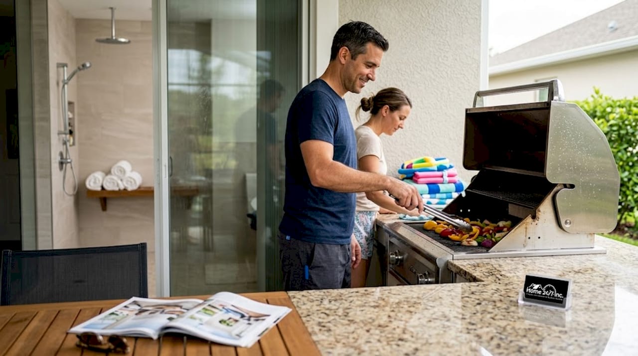 Essential must-haves for luxury vacation homes in Cape Coral 1 Outdoor kitchen and modern spa bathroom view