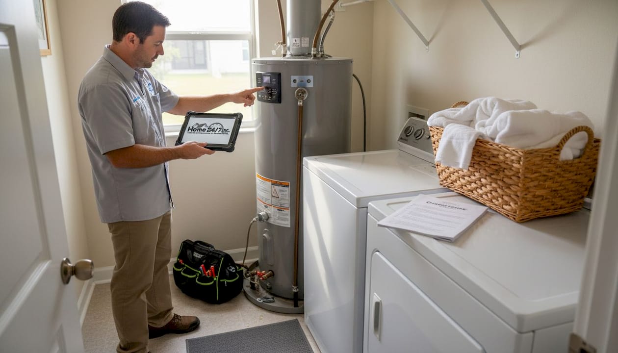 Technician repairs water heater in laundry room