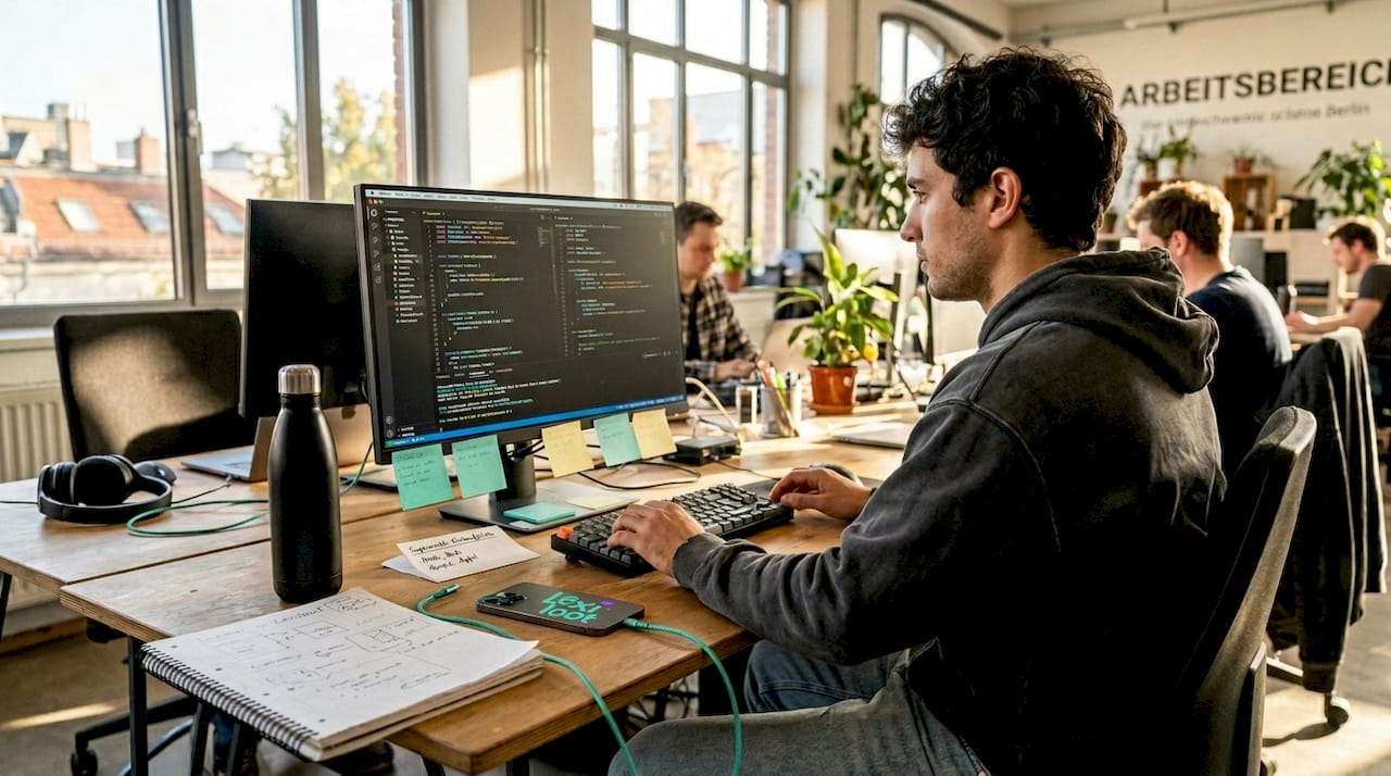 Ein App-Entwickler arbeitet konzentriert an seinem Computer im Büro.