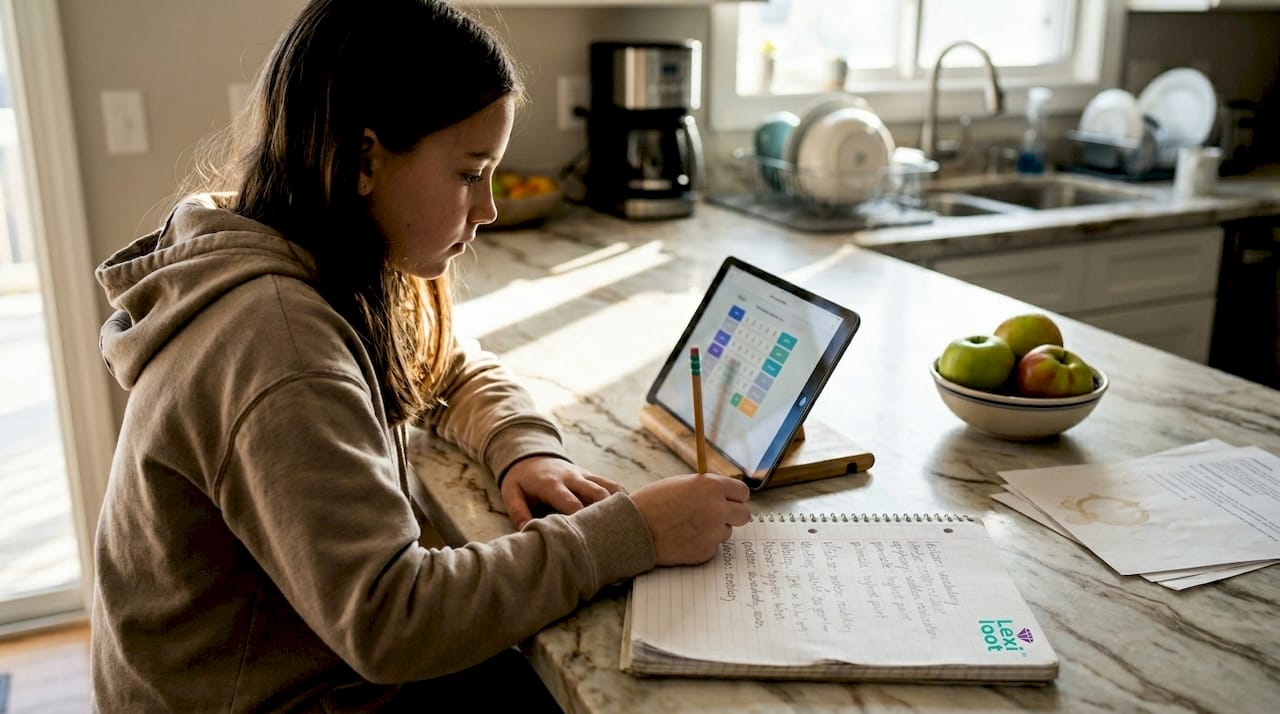 Preteen girl playing word game on tablet