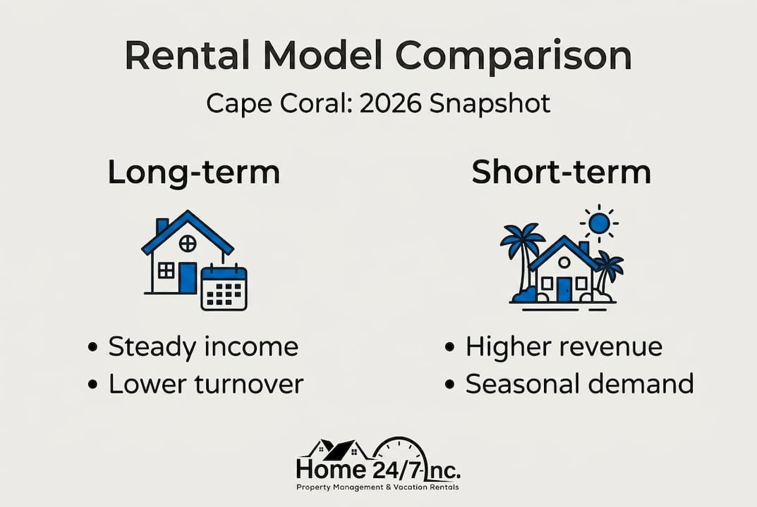 Cape Coral rental market: strategies for homeowners 2026 1 Infographic showing rental model comparison