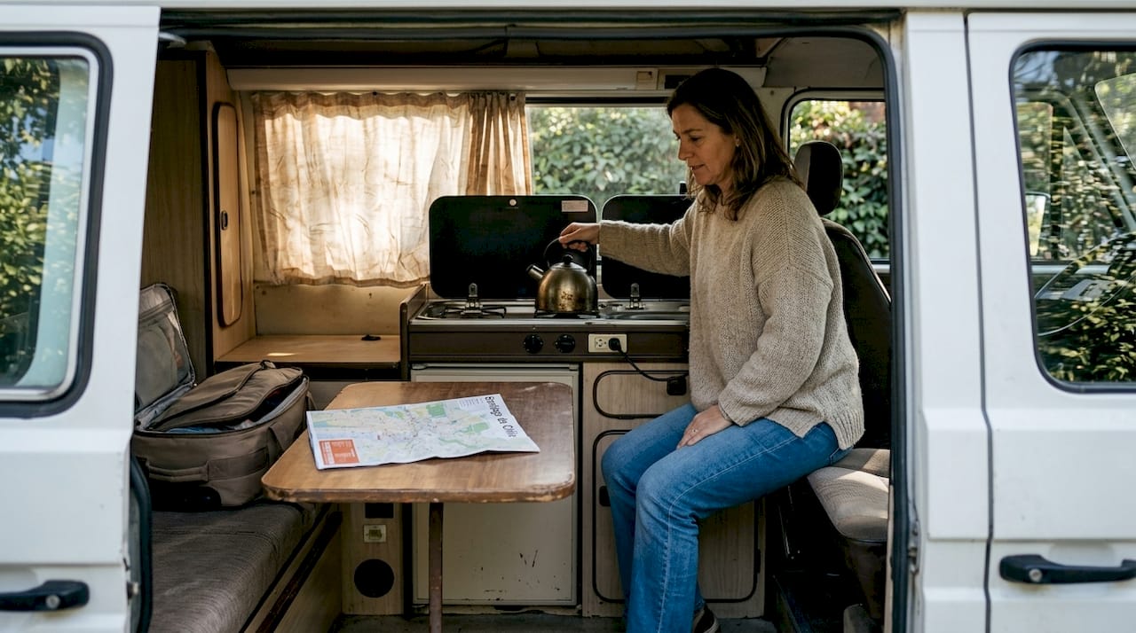 Vista del interior de la camper equipada con todo lo necesario para garantizar la máxima comodidad.