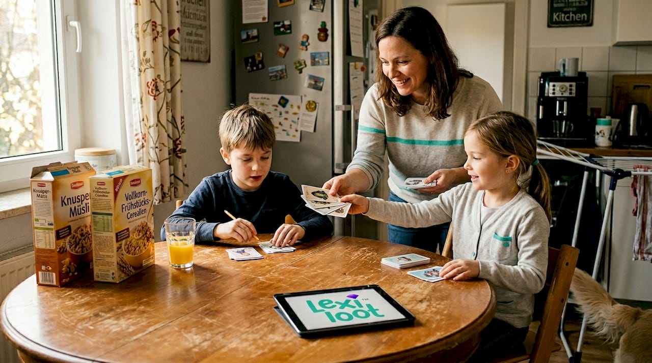 Eine Mutter sitzt mit ihren Kindern am Tisch und spielt gemeinsam ein Kartenspiel.